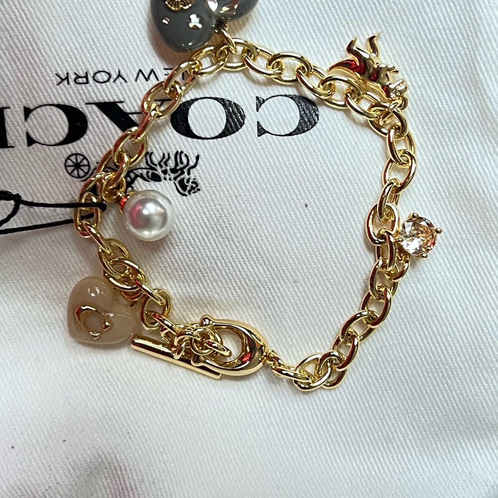 Coach Gold Charm Bracelet with Heart and Pearl